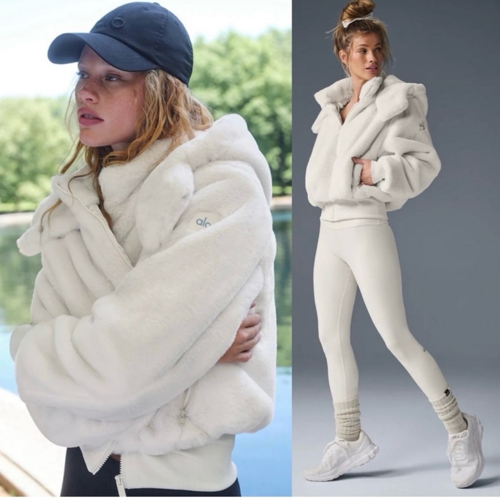 Alo Yoga Foxy Faux Fur Jacket Ivory White With Removable Hoodie Size Xs